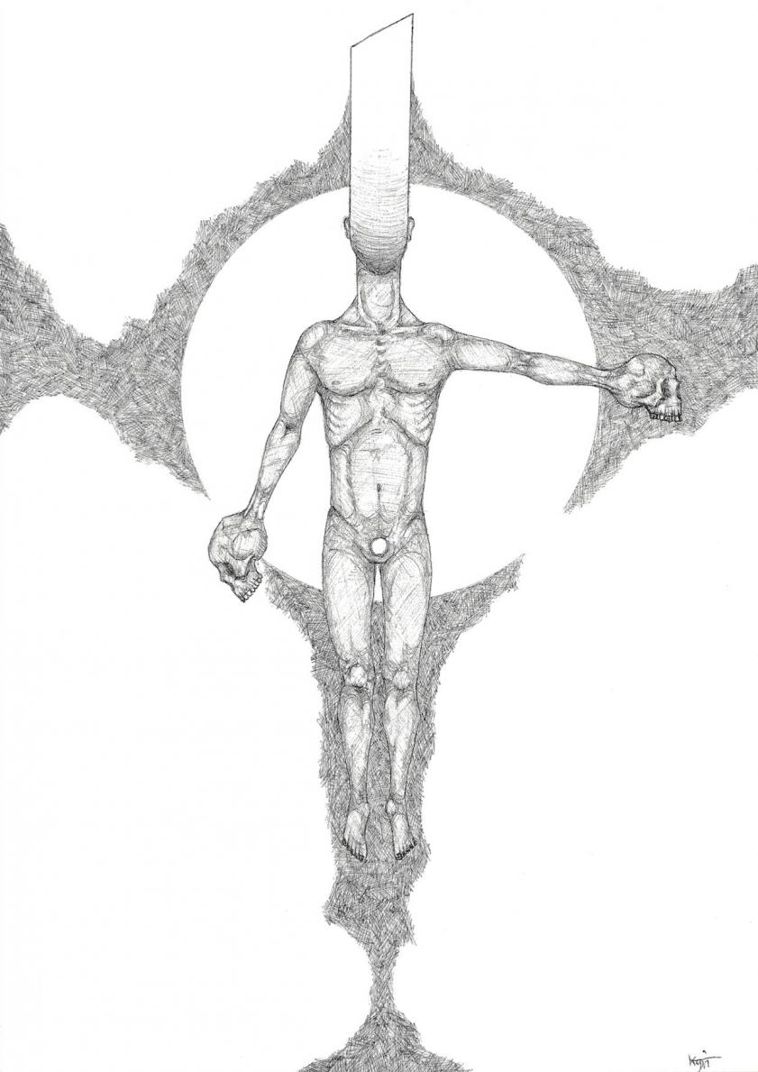human with skull hands