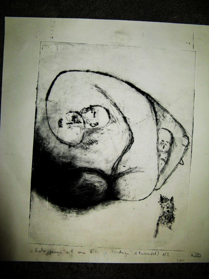 two head woman with baby and a tomcat