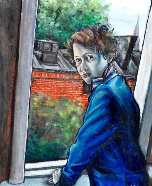 A. at the window