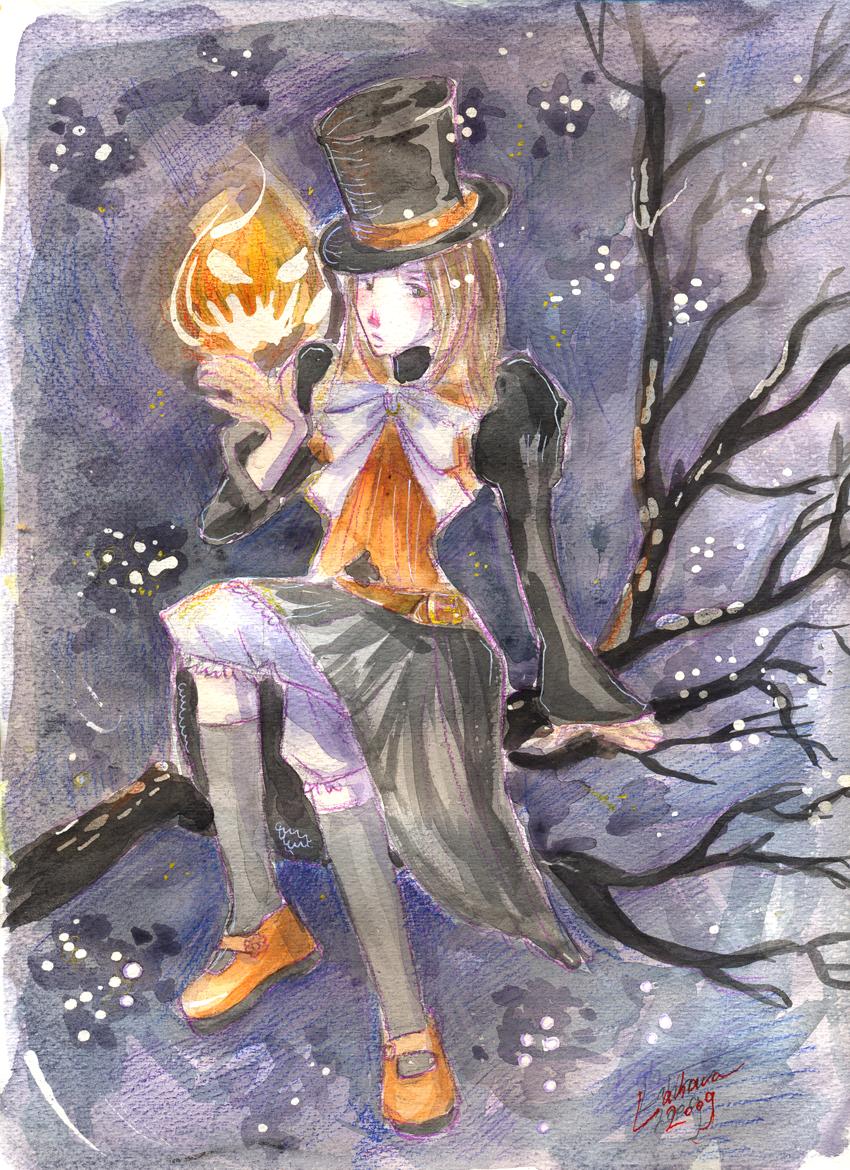 Girl on tree at night